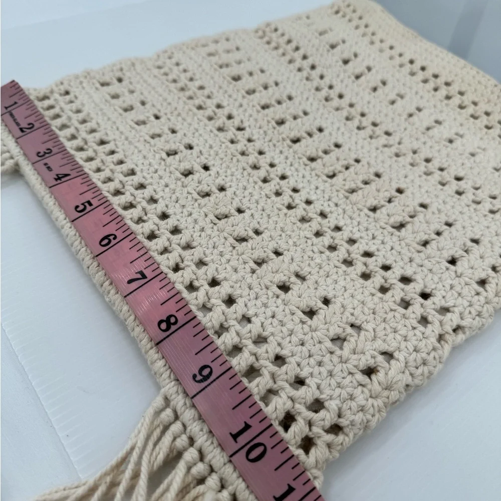 Unbranded Crocheted Crossbody with‎ Fringe and Wood Beads, Cream